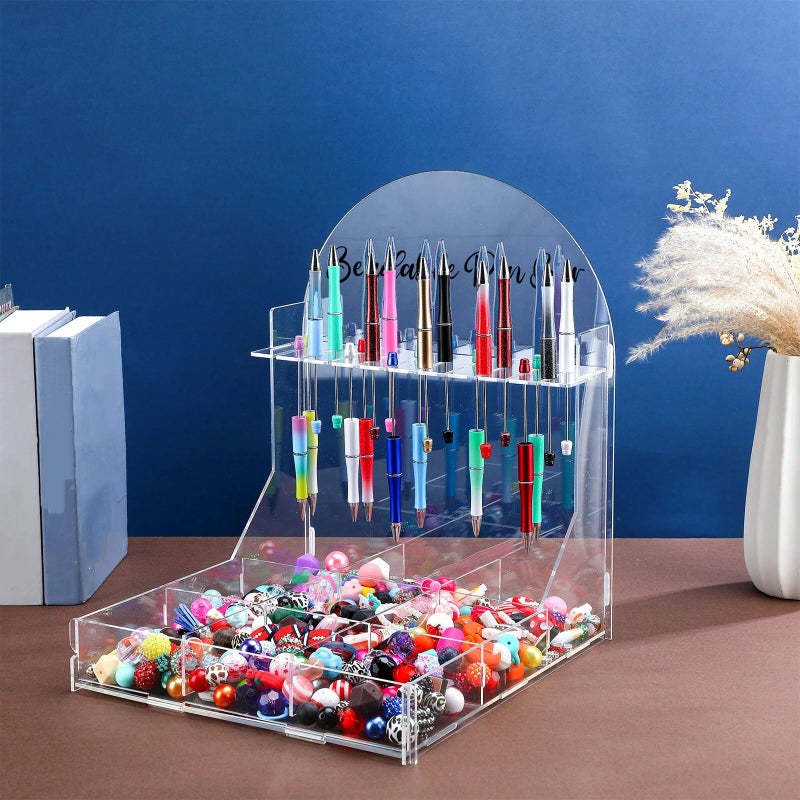 Glenmal Bead Pen Bar Holder with Sorting Tray 10 Slots Display Stand Storage Organizer with Bead 9 Grid Organizer Box Divided Storage Case for DIY Home Office (Acrylic) - Image 2