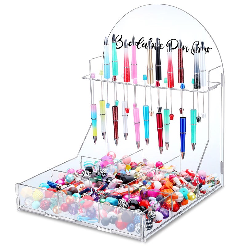 Glenmal Bead Pen Bar Holder with Sorting Tray 10 Slots Display Stand Storage Organizer with Bead 9 Grid Organizer Box Divided Storage Case for DIY Home Office (Acrylic) - Image 1
