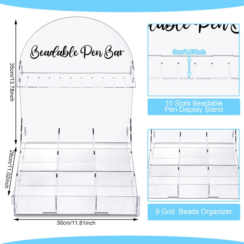 Glenmal Bead Pen Bar Holder with Sorting Tray 10 Slots Display Stand Storage Organizer with Bead 9 Grid Organizer Box Divided Storage Case for DIY Home Office (Acrylic) - Image 3