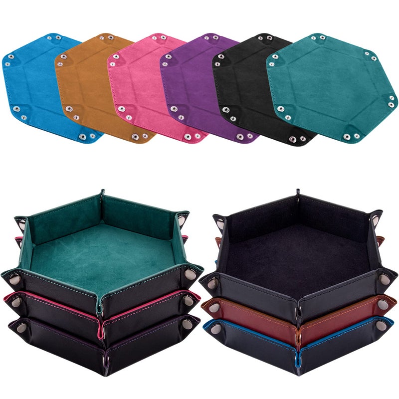 SIQUK 6 Pieces Dice Tray Hexagon Dice Rolling Holder Folding PU Leather Dice Trays for Dice Games Like RPG DND and Other Table GamesCyan Black Violet Pink Camel Sky Blue