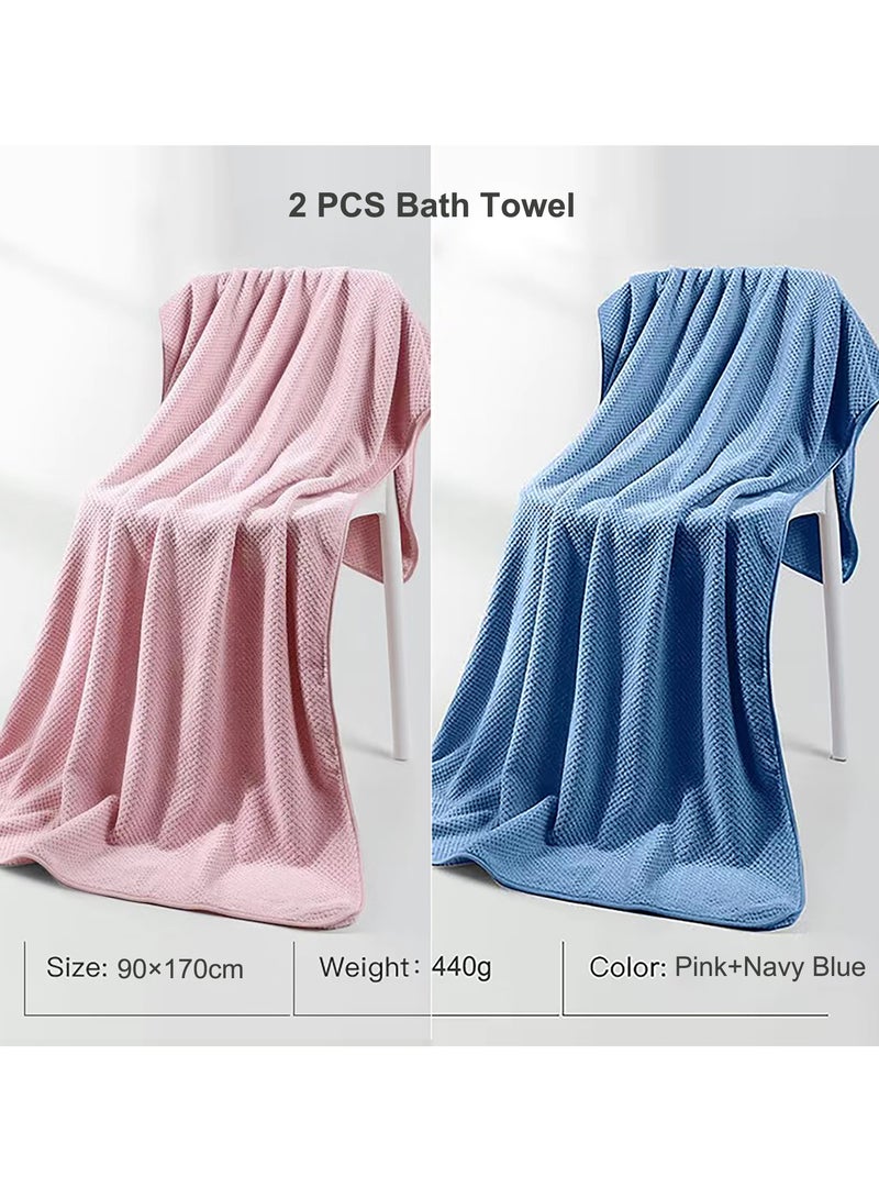 عام مناشف حمام من الألياف الدقيقة، 90 × 170 سم، طقم من 2، فوط حمام فائقة النعومة وعالية الامتصاص وسريعة الجفاف ومتعددة الاستخدامات (وردي + أزرق داكن) - Image 5