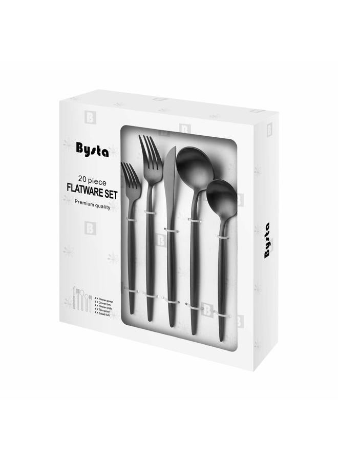 Bysta Matte Black Silverware Set, 20-Piece Stainless Steel Flatware Set Cutlery Set Service For 4, Satin Finish, Dishwasher Safe, Nice Gift Box - Image 1