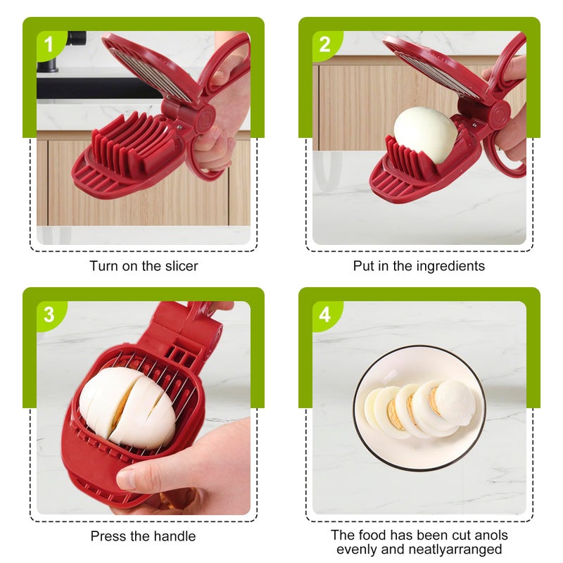 CEHNCEH Fruit Slicer, Strawberry, Banana, Kiwi Cutter, Egg Slicer for Hard Boiled Eggs, for Fruit Sausages, Cucumbers, Mushroom Cutter, Rapid & Safe Slicing Kitchen Gadgets (Red) - Image 2