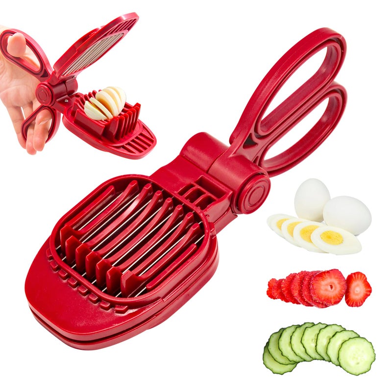 CEHNCEH Fruit Slicer, Strawberry, Banana, Kiwi Cutter, Egg Slicer for Hard Boiled Eggs, for Fruit Sausages, Cucumbers, Mushroom Cutter, Rapid & Safe Slicing Kitchen Gadgets (Red) - Image 1
