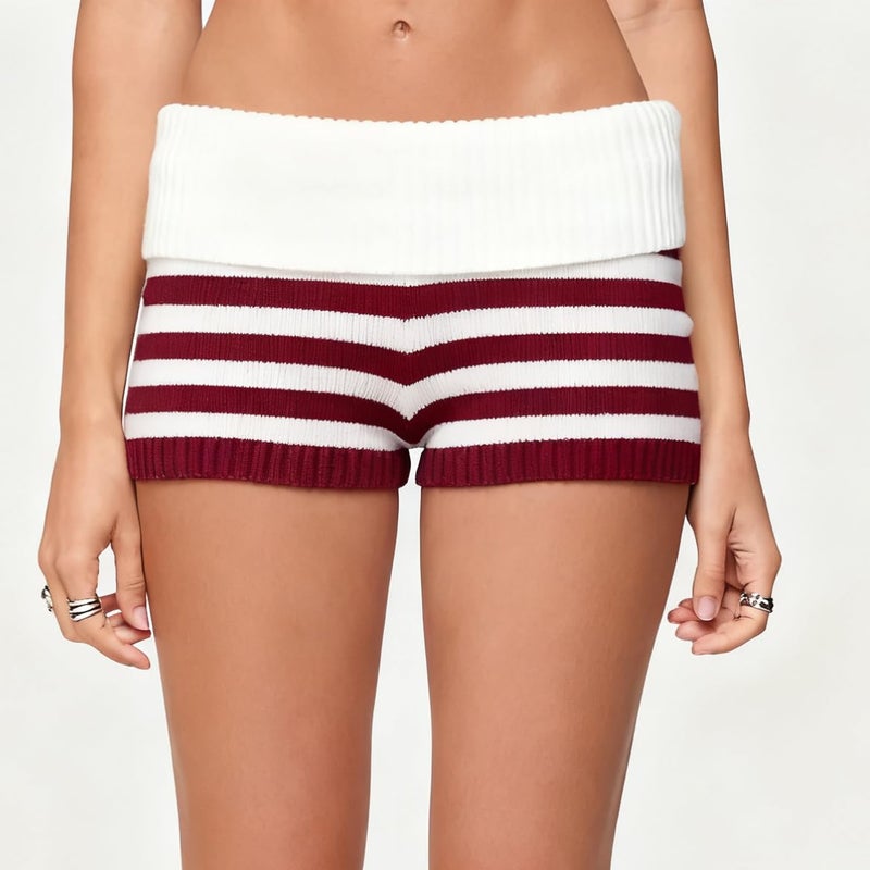DSORVICD Women Striped Knit Micro Shorts Fold Over Elastic Waist Slim Fit Mini Bottom Y2k Lounge Sweater Shorts - Image 2