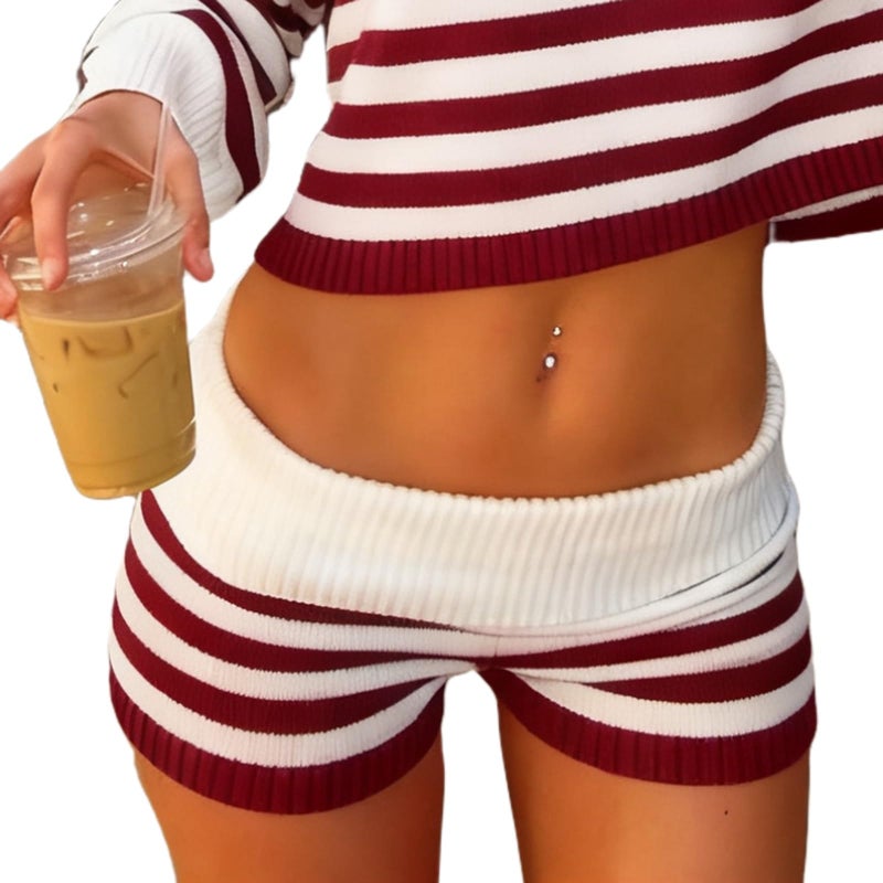 DSORVICD Women Striped Knit Micro Shorts Fold Over Elastic Waist Slim Fit Mini Bottom Y2k Lounge Sweater Shorts - Image 1