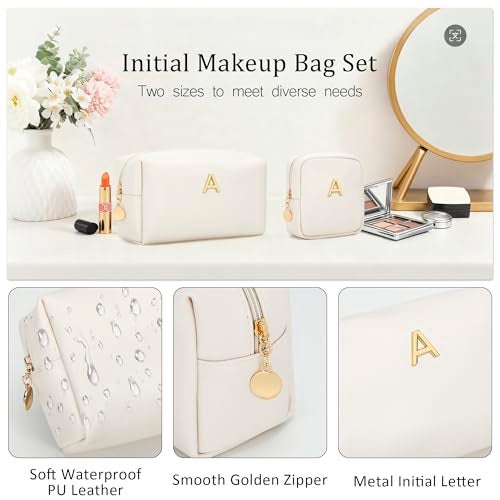 CLOUDWINGS Initial Makeup Bag for Women - Personalized Gifts for Women Travel Cosmetic Toiletry Bag Soft Waterproof PU Makeup Pouch Gifts for Bridemaid Friend Teacher (Beige,A) - Image 2