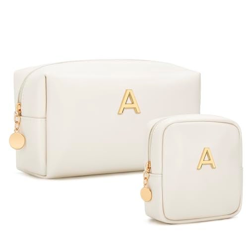 CLOUDWINGS Initial Makeup Bag for Women - Personalized Gifts for Women Travel Cosmetic Toiletry Bag Soft Waterproof PU Makeup Pouch Gifts for Bridemaid Friend Teacher (Beige,A) - Image 1
