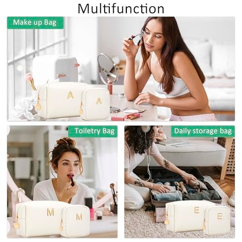 CLOUDWINGS Initial Makeup Bag for Women - Personalized Gifts for Women Travel Cosmetic Toiletry Bag Soft Waterproof PU Makeup Pouch Gifts for Bridemaid Friend Teacher (Beige,A) - Image 4