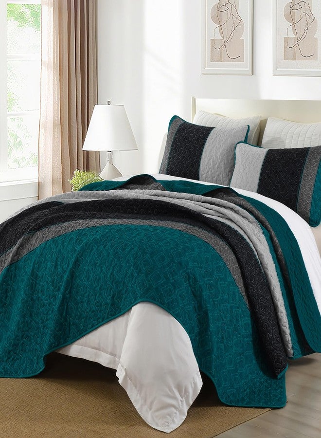 Cottolester Boho Quilt Set King Size,Striped Plaid Bedspread Coverlet Set,Peacock Blue Bedding Set Soft Microfiber Bedding Set with 2 Pillow Shams 110"x90" - Image 3