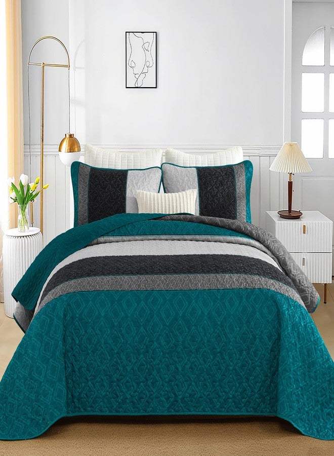 Cottolester Boho Quilt Set King Size,Striped Plaid Bedspread Coverlet Set,Peacock Blue Bedding Set Soft Microfiber Bedding Set with 2 Pillow Shams 110"x90" - Image 2
