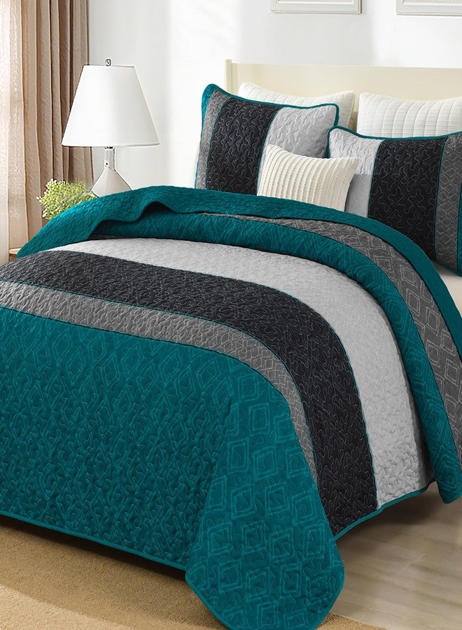 Cottolester Boho Quilt Set King Size,Striped Plaid Bedspread Coverlet Set,Peacock Blue Bedding Set Soft Microfiber Bedding Set with 2 Pillow Shams 110"x90" - Image 1