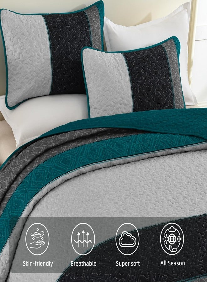 Cottolester Boho Quilt Set King Size,Striped Plaid Bedspread Coverlet Set,Peacock Blue Bedding Set Soft Microfiber Bedding Set with 2 Pillow Shams 110"x90" - Image 4