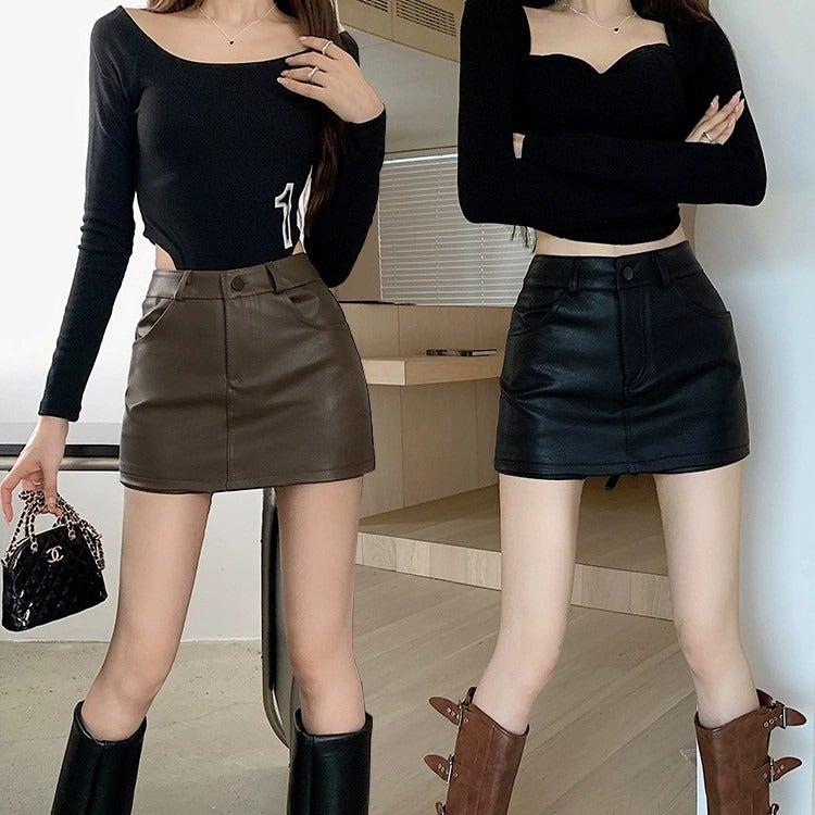 Pu Leather Women'S Girl Brown Skirt Beautiful New High Waist Autumn Rad Skirt A- Line Hip Skirt - Image 4