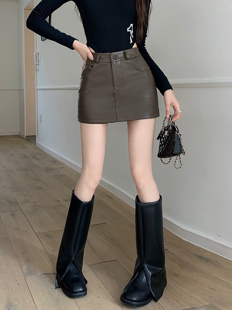 Pu Leather Women'S Girl Brown Skirt Beautiful New High Waist Autumn Rad Skirt A- Line Hip Skirt - Image 5
