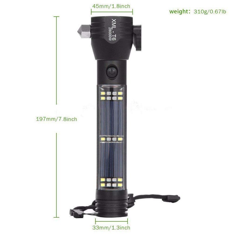 Swabs Swabs Aluminium 7 Mode Rechargeable Solar LED Torch Flashlight Power bank Car Emergency Tool with Window Breaker Magnet Cutter Compass for Travel Camping Hiking security Black - Image 2