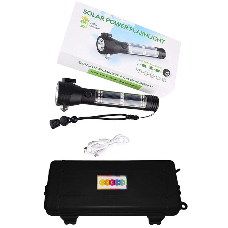 Swabs Swabs Aluminium 7 Mode Rechargeable Solar LED Torch Flashlight Power bank Car Emergency Tool with Window Breaker Magnet Cutter Compass for Travel Camping Hiking security Black - Image 3