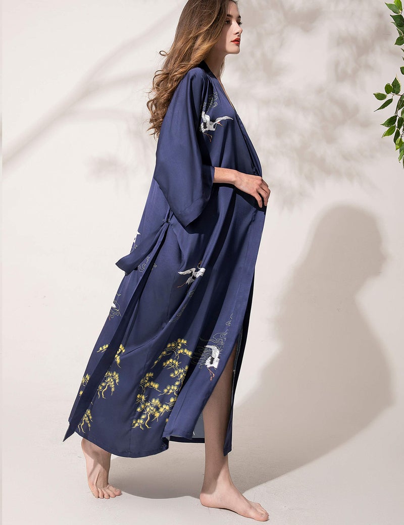 Aensso long lightweight soft silk robes for women, blue floral bridal summer cover up loose cardigan house kimonos robe - Image 5