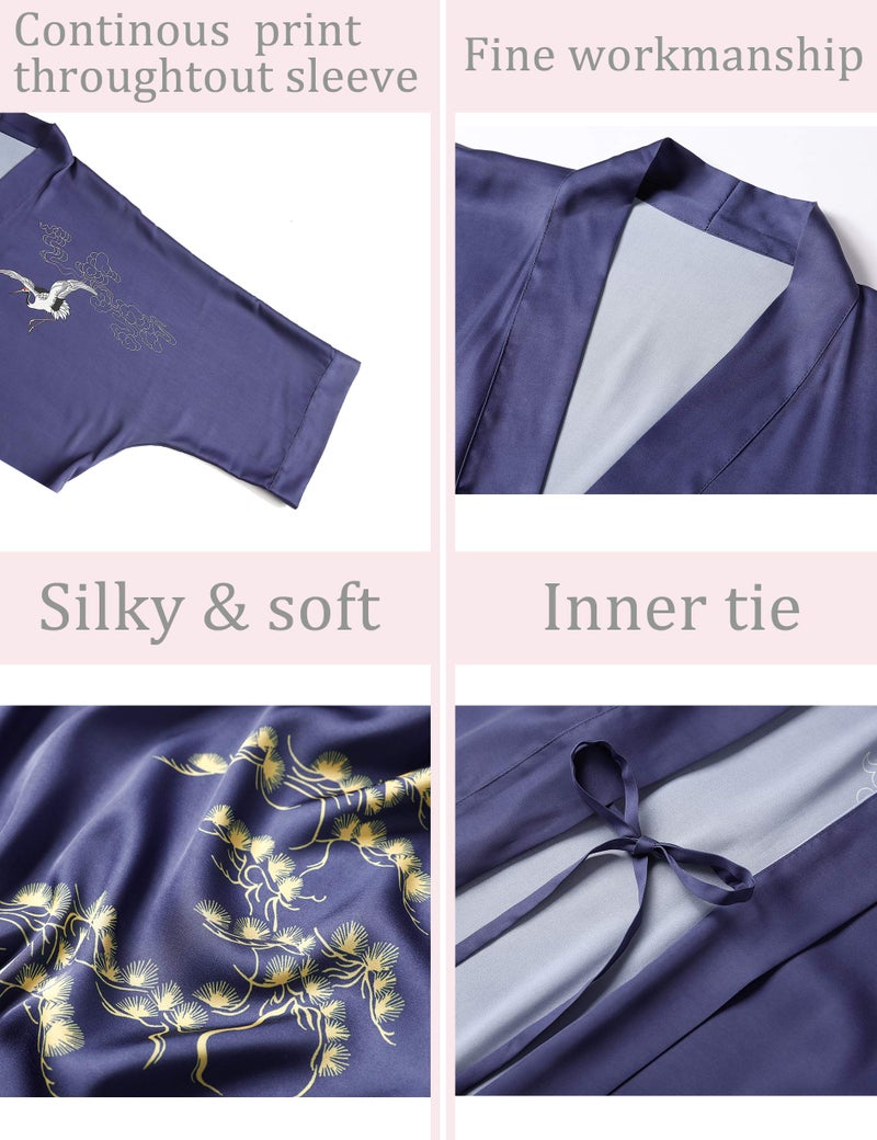 Aensso long lightweight soft silk robes for women, blue floral bridal summer cover up loose cardigan house kimonos robe - Image 3
