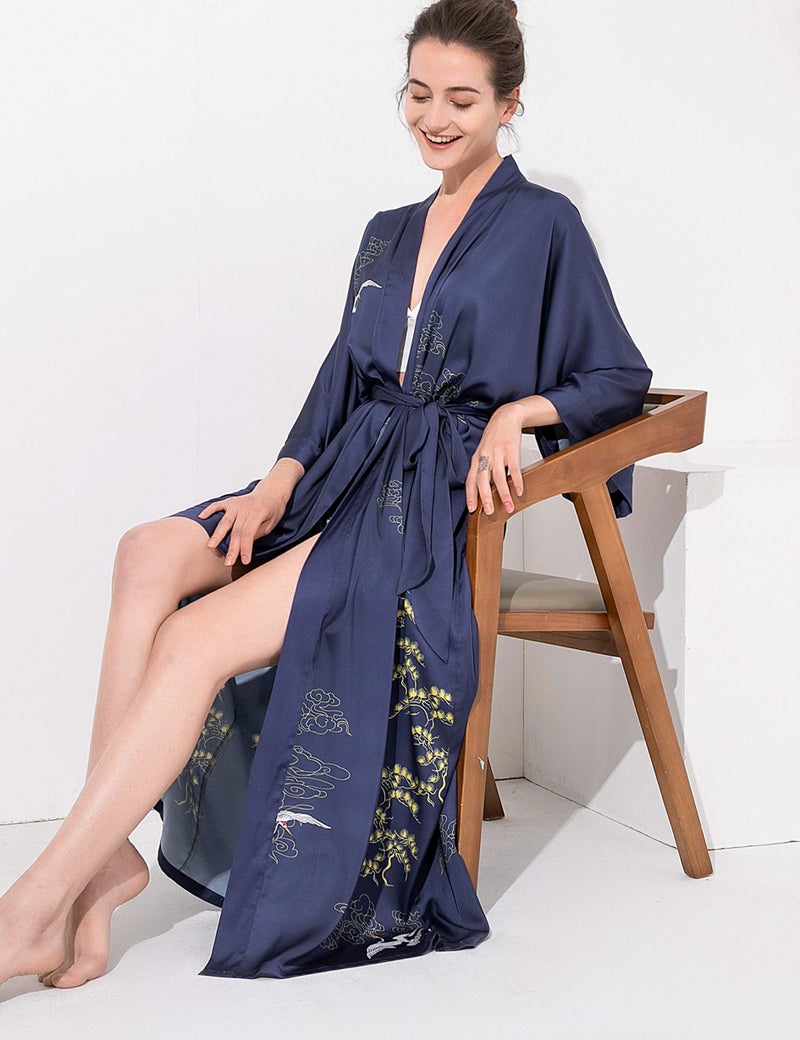 Aensso long lightweight soft silk robes for women, blue floral bridal summer cover up loose cardigan house kimonos robe - Image 4