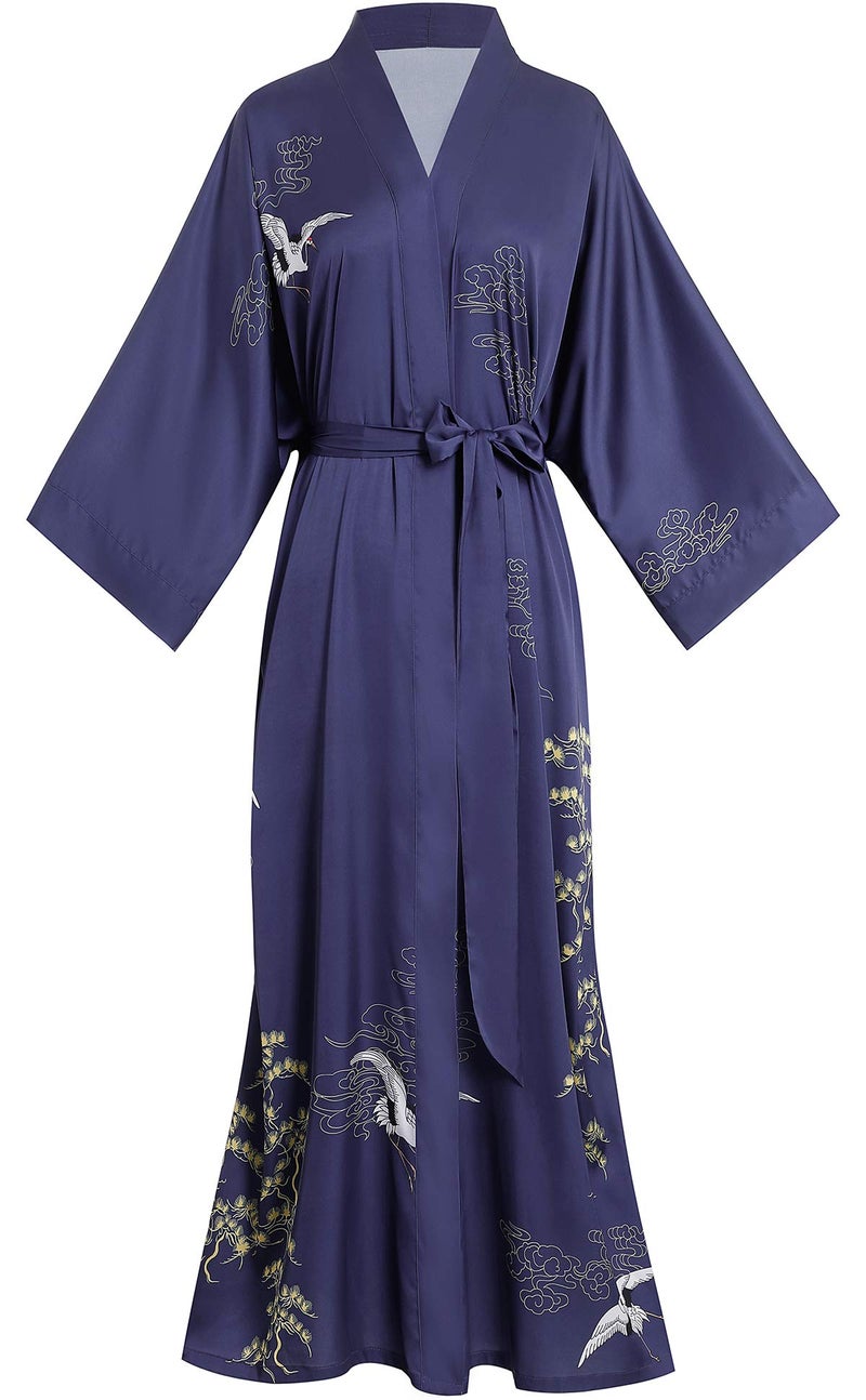Aensso long lightweight soft silk robes for women, blue floral bridal summer cover up loose cardigan house kimonos robe - Image 1