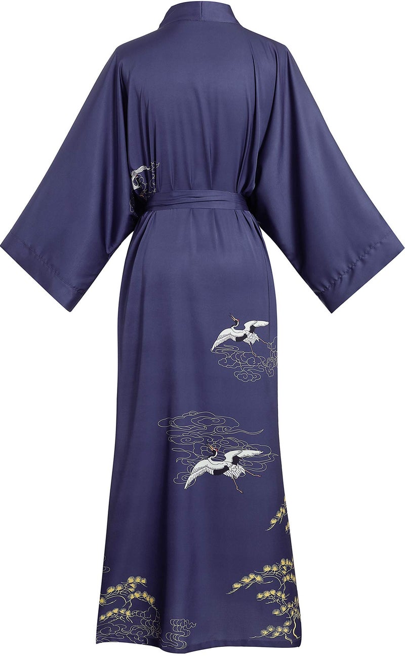 Aensso long lightweight soft silk robes for women, blue floral bridal summer cover up loose cardigan house kimonos robe - Image 2