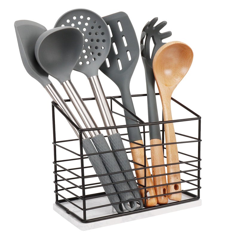 Jeasor Jeasor Utensil Holder for Kitchen Counter, Metal Utensil Holder Rack for Kitchen Countertop, Cooking Tools Storage for Spatula, Utensil Organizer with Sturdy Base, and Drainage Hole (Black Marble)  - Image 1