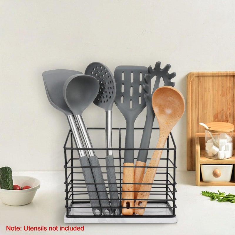 Jeasor Jeasor Utensil Holder for Kitchen Counter, Metal Utensil Holder Rack for Kitchen Countertop, Cooking Tools Storage for Spatula, Utensil Organizer with Sturdy Base, and Drainage Hole (Black Marble)  - Image 2