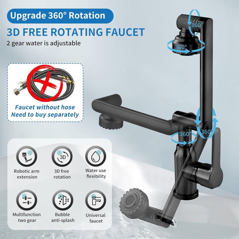 LOOKMINT Kitchen Tap for Sink Stainless Steel Single Lever Tap for Bathroom Sink Black Adjustable Hot and Cold Mixer Tap Foldable and Flexible and Rotatable Bathroom Sink Mixer Tap - Image 2