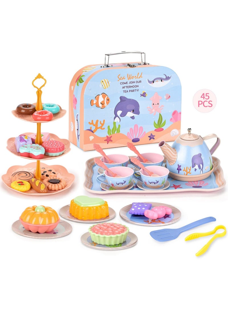 Tinplate Ocean Tea Set Afternoon Tea Portable Gift Box With Dessert Suitable For Little Girls, Safe And Durable Children'S Tea Party Kitchen Tableware Set Toys Suitable For Children Over 3 Years Old - Image 1