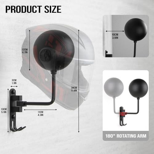 PUERSI Helmet Holder Wall Mount - 2 Pack 180° Rotation Helmet Hanger for Motorcycle Bike Racing Outerwear Sports Gear Display - Image 4