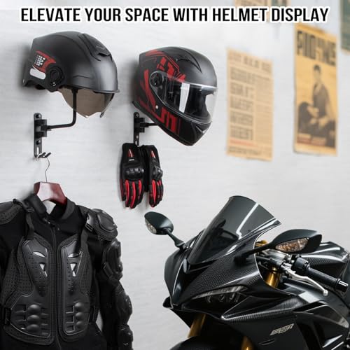 PUERSI Helmet Holder Wall Mount - 2 Pack 180° Rotation Helmet Hanger for Motorcycle Bike Racing Outerwear Sports Gear Display - Image 2