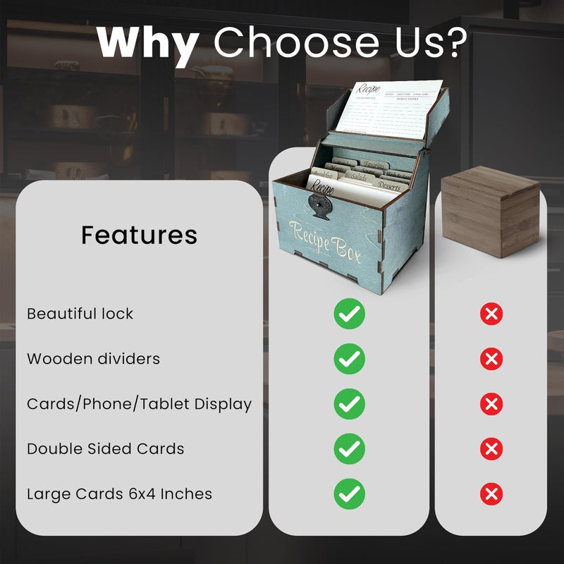 Albino monkey Recipe Box Set with 100 Cards & 9 Wooden Dividers, 4x6 Card Holder with Index Tabs, Rustic Kitchen Decor, Storage Organizer - Rustic Blue - Image 5