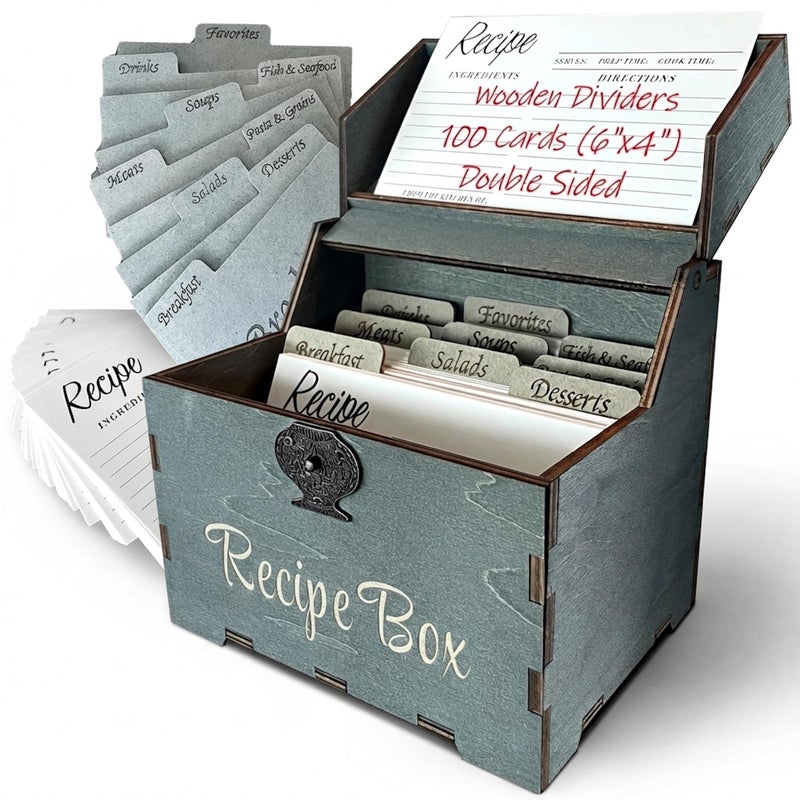 Albino monkey Recipe Box Set with 100 Cards & 9 Wooden Dividers, 4x6 Card Holder with Index Tabs, Rustic Kitchen Decor, Storage Organizer - Rustic Blue - Image 1