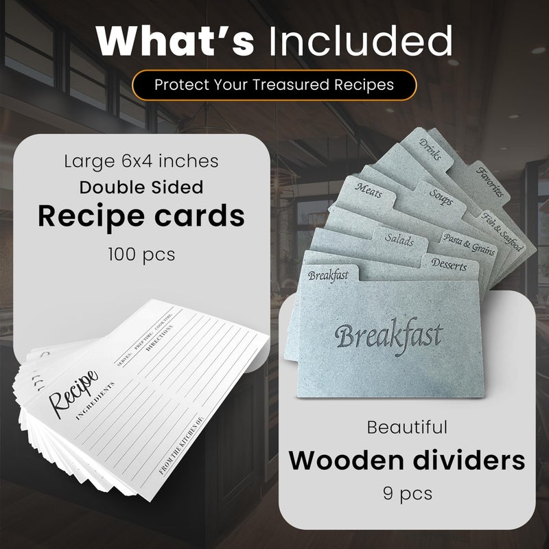 Albino monkey Recipe Box Set with 100 Cards & 9 Wooden Dividers, 4x6 Card Holder with Index Tabs, Rustic Kitchen Decor, Storage Organizer - Rustic Blue - Image 3