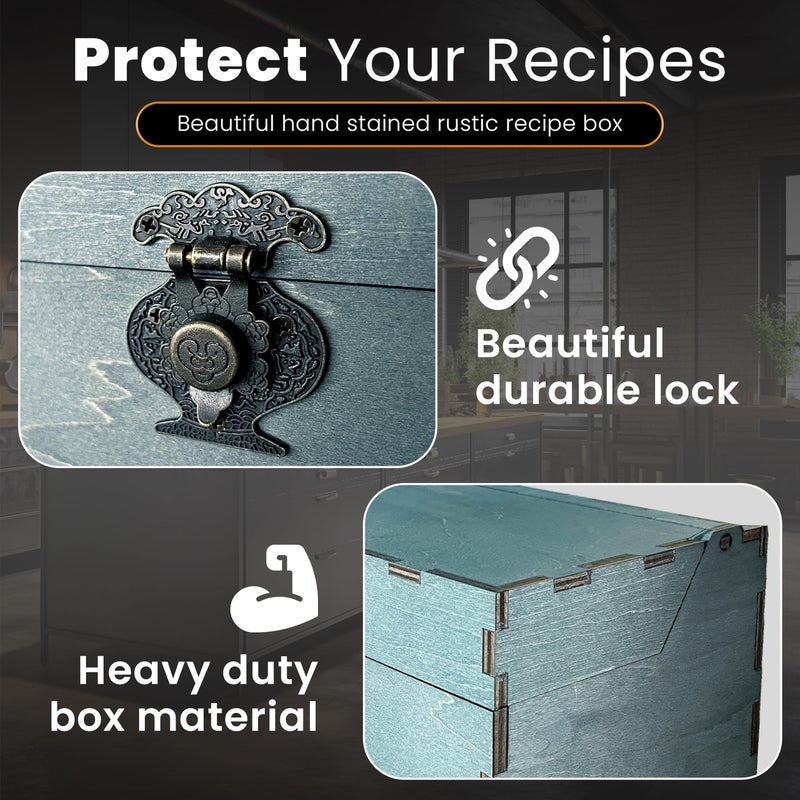 Albino monkey Recipe Box Set with 100 Cards & 9 Wooden Dividers, 4x6 Card Holder with Index Tabs, Rustic Kitchen Decor, Storage Organizer - Rustic Blue - Image 2