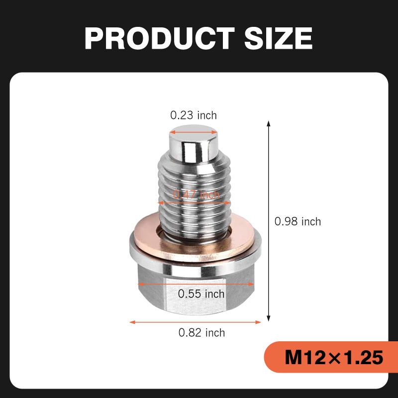 Damwot M12 x 125 Magnetic Oil Drain Plug Magnetic Stainless Steel Oil Pan Drain Nut Bolt with 5 PCS Copper Crush Washer Anti Leakage Universal Leakproof ReplacementFits Most Cars Motorcycles Boats - Image 4
