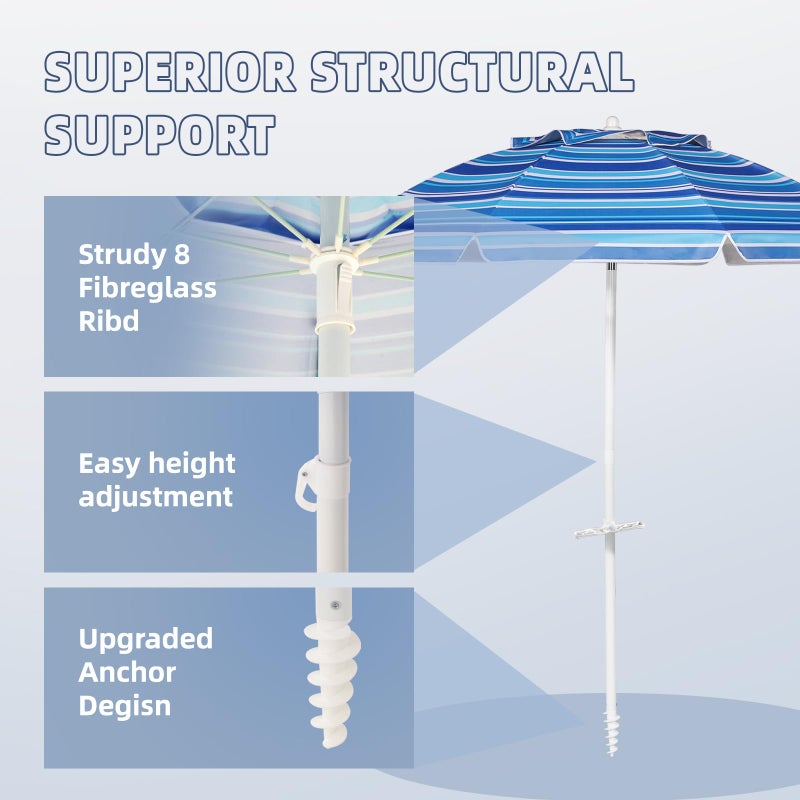 Aoxun Beach Umbrella with Tilt Pole, Portable Sand Anchor and Carry Bag, UPF 50+ Sun Shelter Air Vents Design for Outdoor (Navy Blue & White), 7ft - Image 5