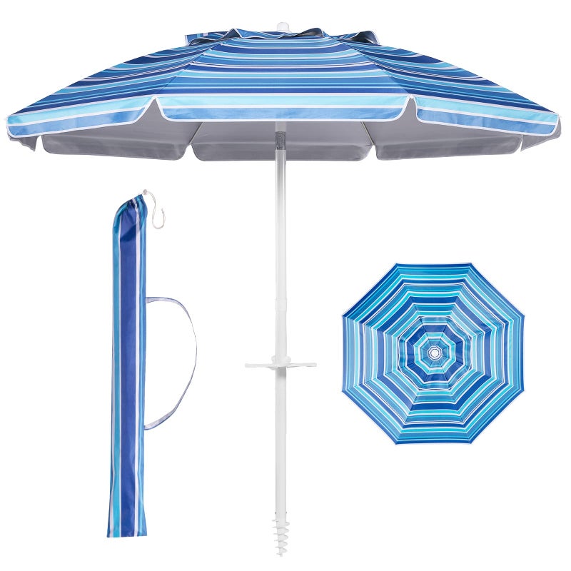 Aoxun Beach Umbrella with Tilt Pole, Portable Sand Anchor and Carry Bag, UPF 50+ Sun Shelter Air Vents Design for Outdoor (Navy Blue & White), 7ft - Image 1