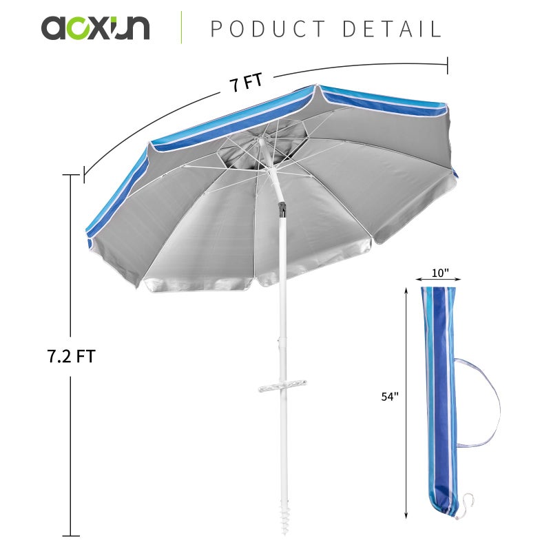 Aoxun Beach Umbrella with Tilt Pole, Portable Sand Anchor and Carry Bag, UPF 50+ Sun Shelter Air Vents Design for Outdoor (Navy Blue & White), 7ft - Image 3