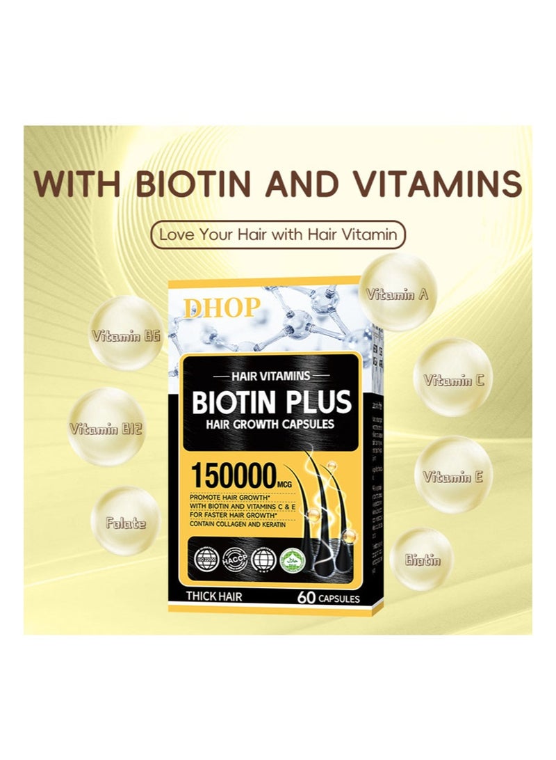 DHOP 2 Pcs Hair Vitamins Biotin Plus Hair Growth Capsules,Hair Multivitamin Capsules | Hair Growth and Thickening Formula | Supports Thicker, Healthy Hair,Hair Growth Support - Skin & Nails Complex 150000 mcg | Vitamin D, Vitamin E, Collagen, Biotin, and More - Image 3