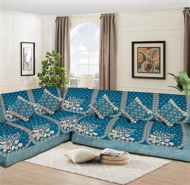 Dazzling DECOR Velvet L Shape Sofa Covers Set with 5 Cushion Covers Premium 6 Seater Sofa Slip Protector Covers for Living Room Decor Heavy Fabric Slip Protector for Long Couch Aqua_1383 - Image 1