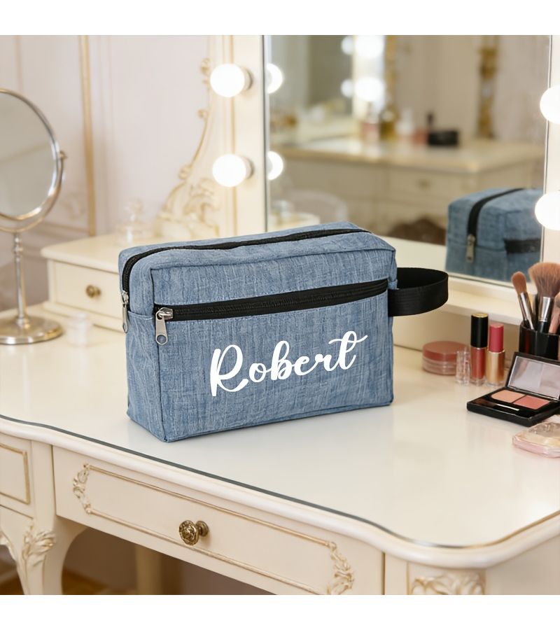 Light Gray Medium Customizable Name Travel Toiletry Bag With Handle Large Portable Cosmetic Pouch - Image 2