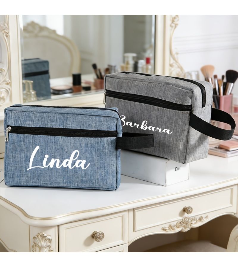 Light Gray Medium Customizable Name Travel Toiletry Bag With Handle Large Portable Cosmetic Pouch - Image 1
