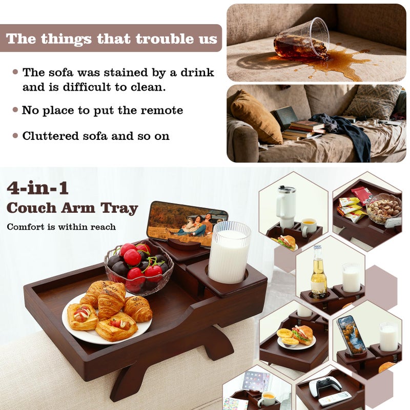 GHKINMAL Couch Cup Holder Tray, 15.4"x9.9" Large 4 in 1 Couch Armrest Table with 360Â°Rotated Phone Holder, Non-Slip Clip on Side Table for Drinks/Remote/Snacks, Ideal Gift for Husband, Wife, Parents - Image 2