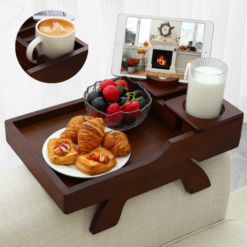 GHKINMAL Couch Cup Holder Tray, 15.4"x9.9" Large 4 in 1 Couch Armrest Table with 360Â°Rotated Phone Holder, Non-Slip Clip on Side Table for Drinks/Remote/Snacks, Ideal Gift for Husband, Wife, Parents - Image 1