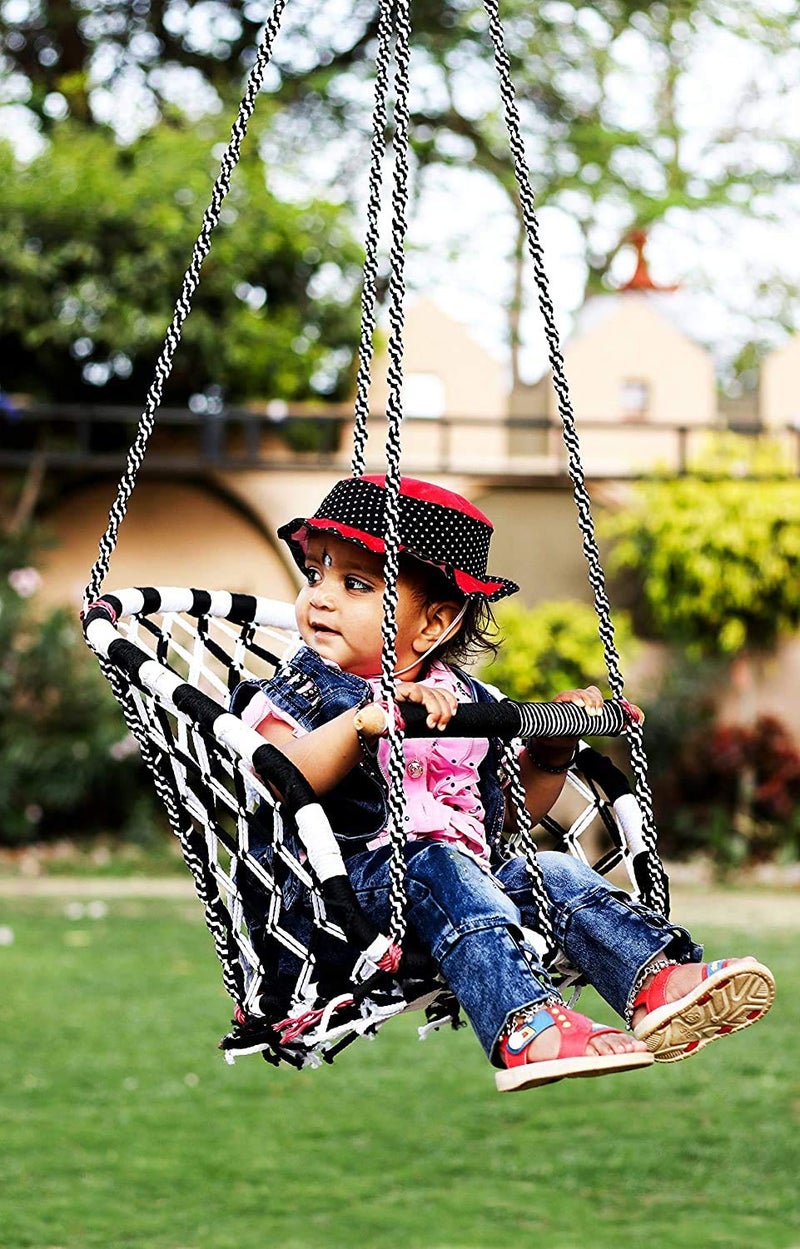 Patiofy Jhula for Baby || Suitable for 1 to 5 Years Babies & Kids || for Indoor & Outdoor Use || Cotton Rope Baby Hanging Swing (White-Black) - Image 1