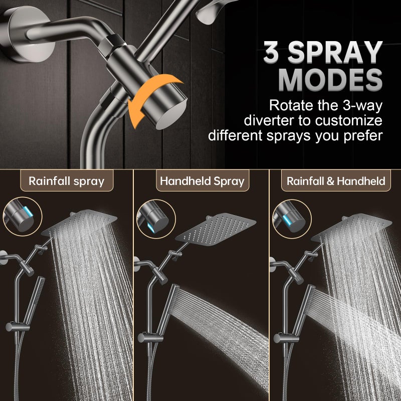 Veken All Metal 10" Gunmetal Gray Shower Head with Handheld, Luxurious Square Double Rain Shower Heads with Spray Combo, Dual High Pressure Detachable Rainfall Showerhead with Extension Arm, Long Hose - Image 3