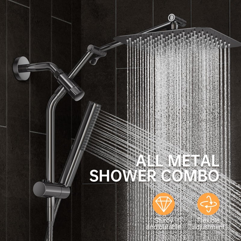Veken All Metal 10" Gunmetal Gray Shower Head with Handheld, Luxurious Square Double Rain Shower Heads with Spray Combo, Dual High Pressure Detachable Rainfall Showerhead with Extension Arm, Long Hose - Image 4