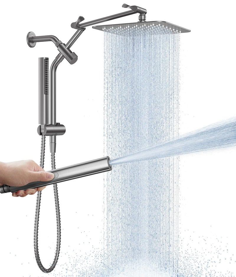 Veken All Metal 10" Gunmetal Gray Shower Head with Handheld, Luxurious Square Double Rain Shower Heads with Spray Combo, Dual High Pressure Detachable Rainfall Showerhead with Extension Arm, Long Hose - Image 1